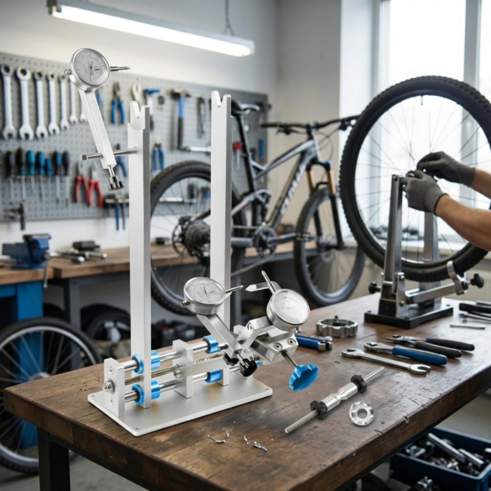Supporto Ruota Bicicletta Cavalletto Centratura Allineamento Ruote Attrezzo da Officina Regolabile con Piattaforma Stabile in Lega di Alluminio E , style to 1
