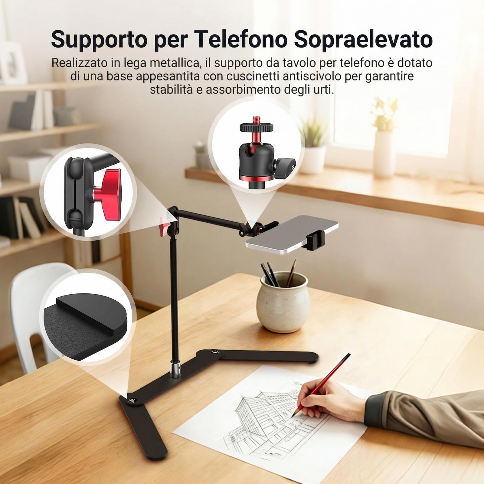 NEEWER Supporto Treppiede Telefono Overhead con Braccio Articolato con Doppia Testa Sferica, Porta Cellulare da Tavolo con Base Pieghevole per Pianoforte Cucina Disegno Schizzi Streaming Live, DS026