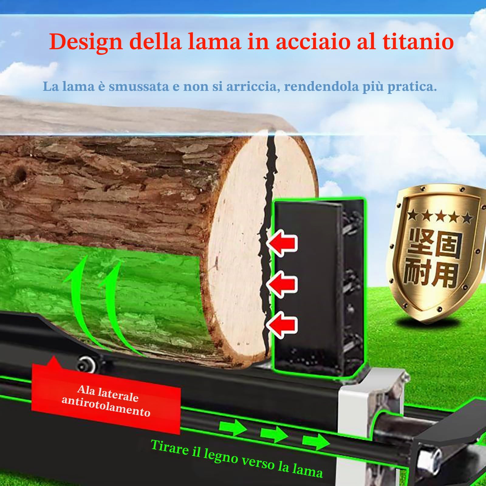 Spaccalegna idraulico, completamente automatico con grande motore, funzionamento con una sola mano per una facile spaccatura e spostamento dei tronchi