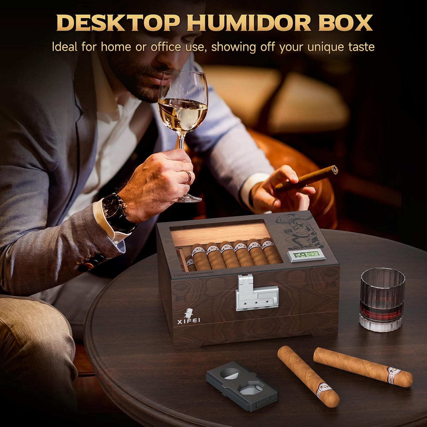 XIFEI Cigar Humidor, Glass Top Humidor Box with Digital Hygrometer, Humidifier, Accessories Drawer, Divider, Cedar Wood Desktop Humidors Case with Combination Lock, Gift for Cigar Lovers (Walnut)