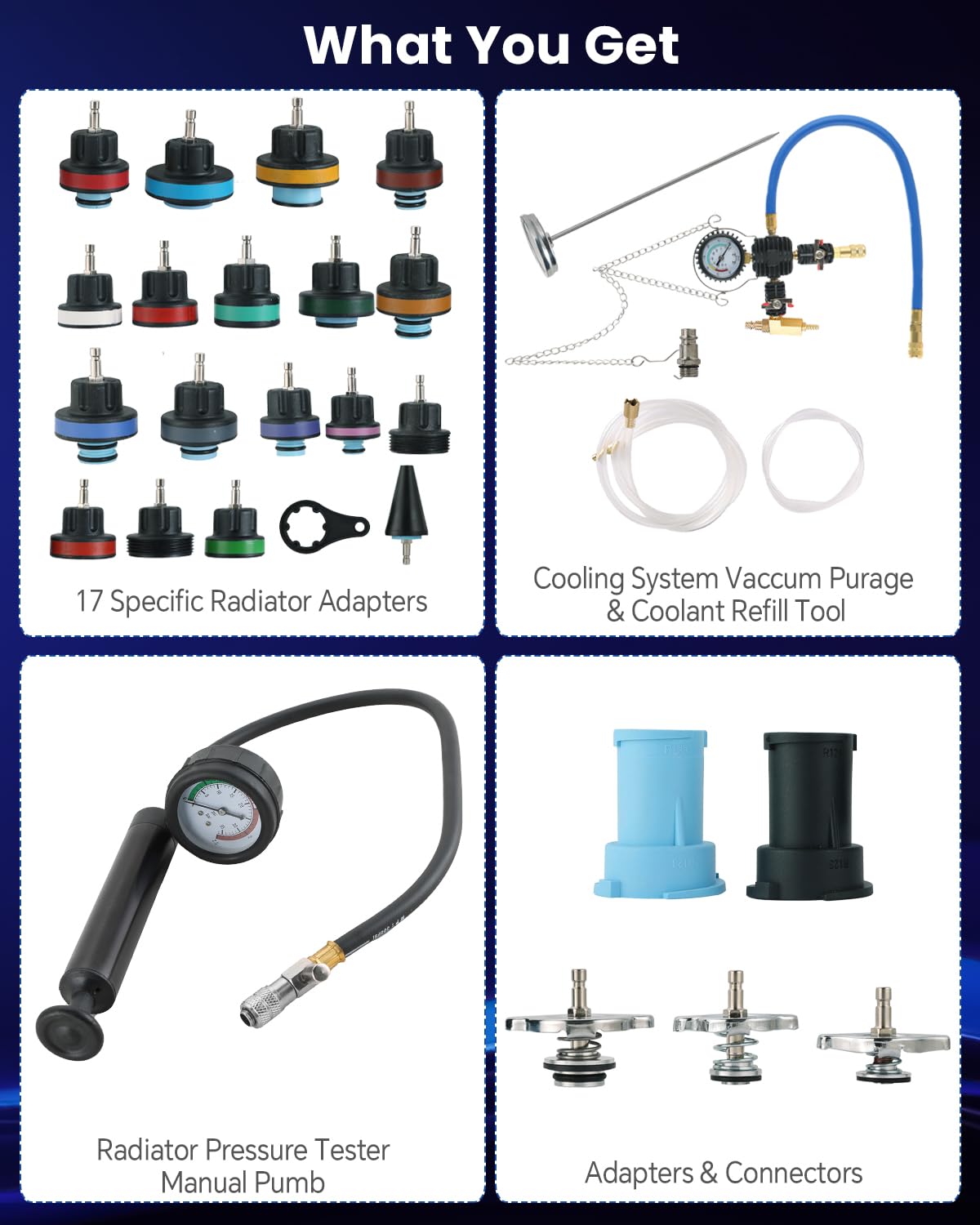 ATPEAM 28tlg Kühlsystem Abdrückgerät Set mit 23 Kühlkörperadaptern, Universales Kühlmittel Vakuum Befüllgerät, Kühlwasser Abdrückgerät für Erkennung von Leckagen im Wassertank des Kühlsystems (28pcs)