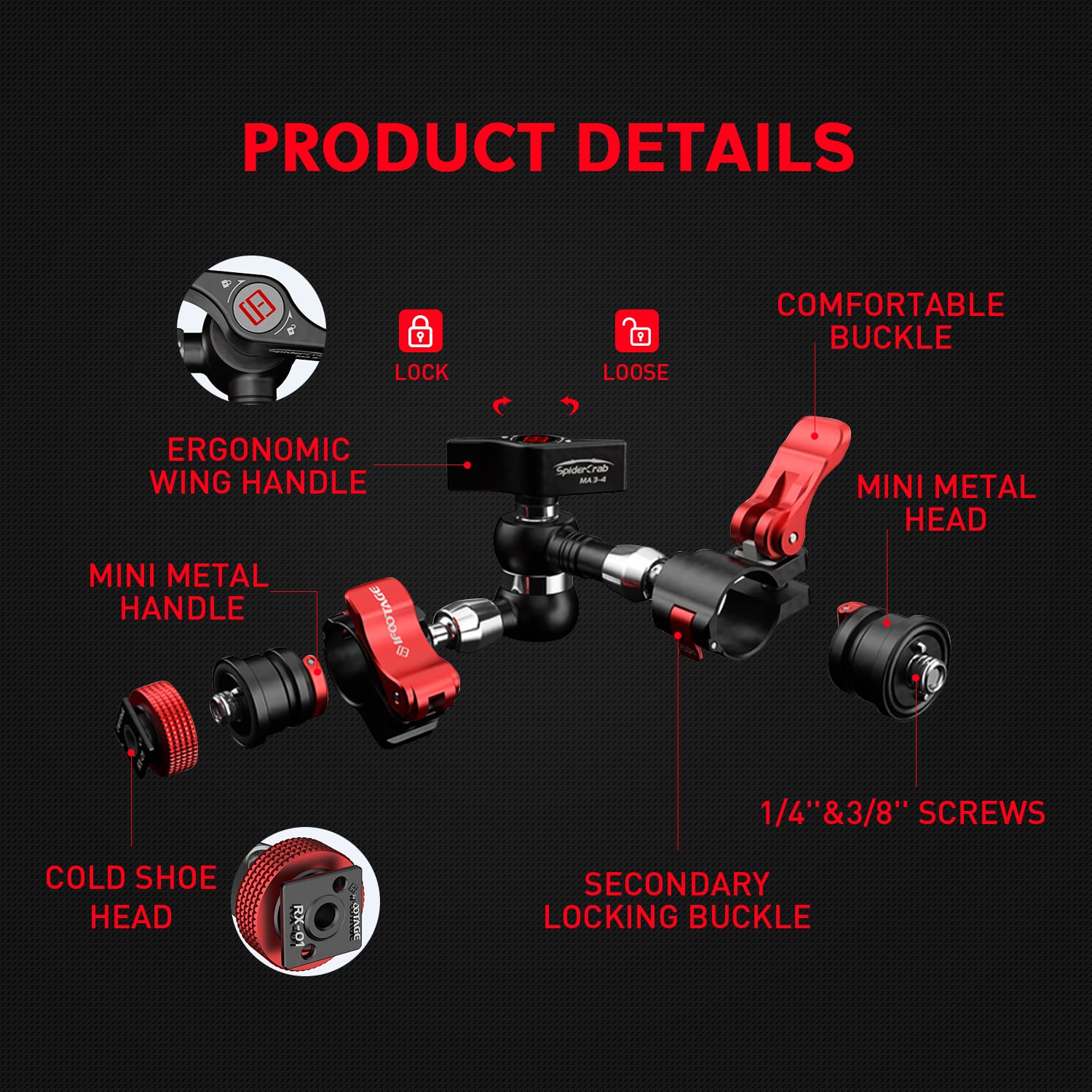 IFOOTAGE 7inch Kamera Magischer Arm Magic Arm,Aluminium Gelenkarm mit Kaltschuhhalterung und Mini-Kopf,für DSLR-Kamera-Rig/LCD-Monitor/Actionkamera，Max. Belastung 13.2lbs/6kg,Spider Crab MA3-4