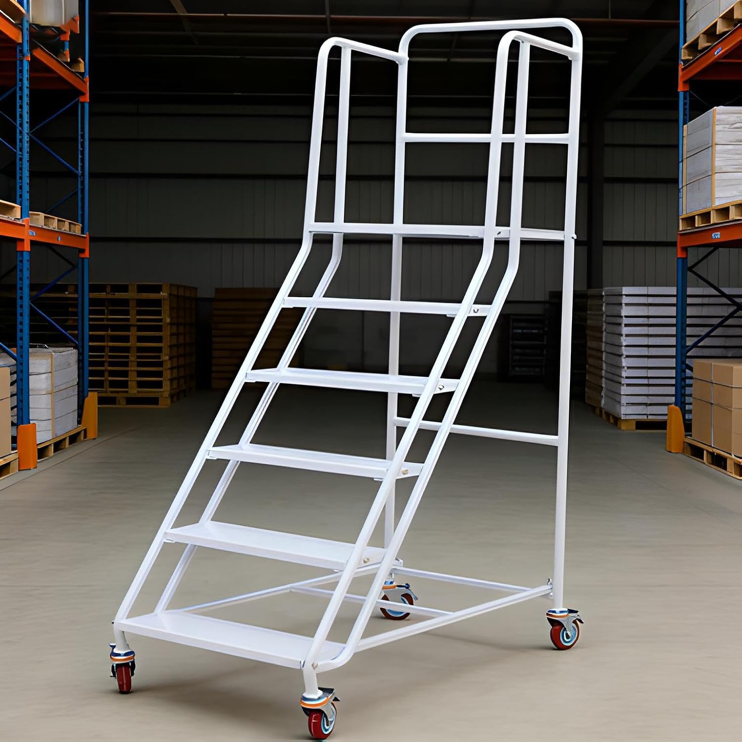 6 Step Rolling Warehouse Step Ladder, Rolling Stairs with Locking Wheels, Movable Platform Ladder, 880 Lbs Weight Capacity, Suitable for Warehouses, Supermarkets and Libraries (White, 6 Steps)