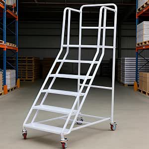 6 Step Rolling Warehouse Step Ladder with Locking Wheels, 880 lbs Capacity, White