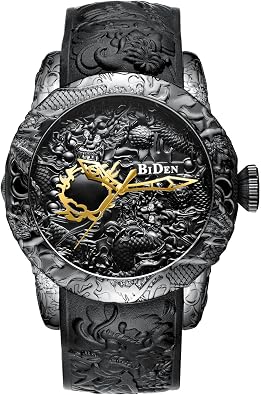 CARLIEN Quartz Watch for Men Fashion 3D Engraved Dragon Waterproof Big dial Sport Wristwatch Quartz Black