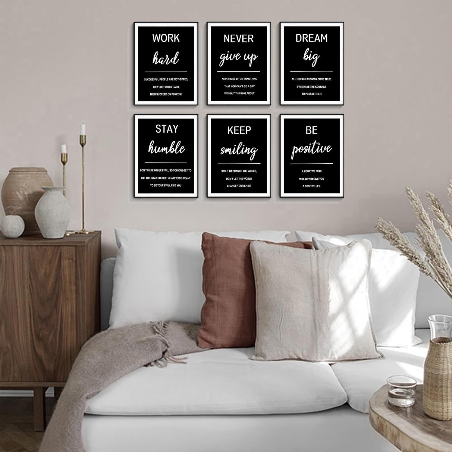 Motivational Quotes Wall Art Set,6 Piece Office Inspirational Wall Decor,Black and White Positive Quotes Canvas Prints,Work Hard,Never Give Up Painting for Office Bedroom Living Room 12x16in Posters