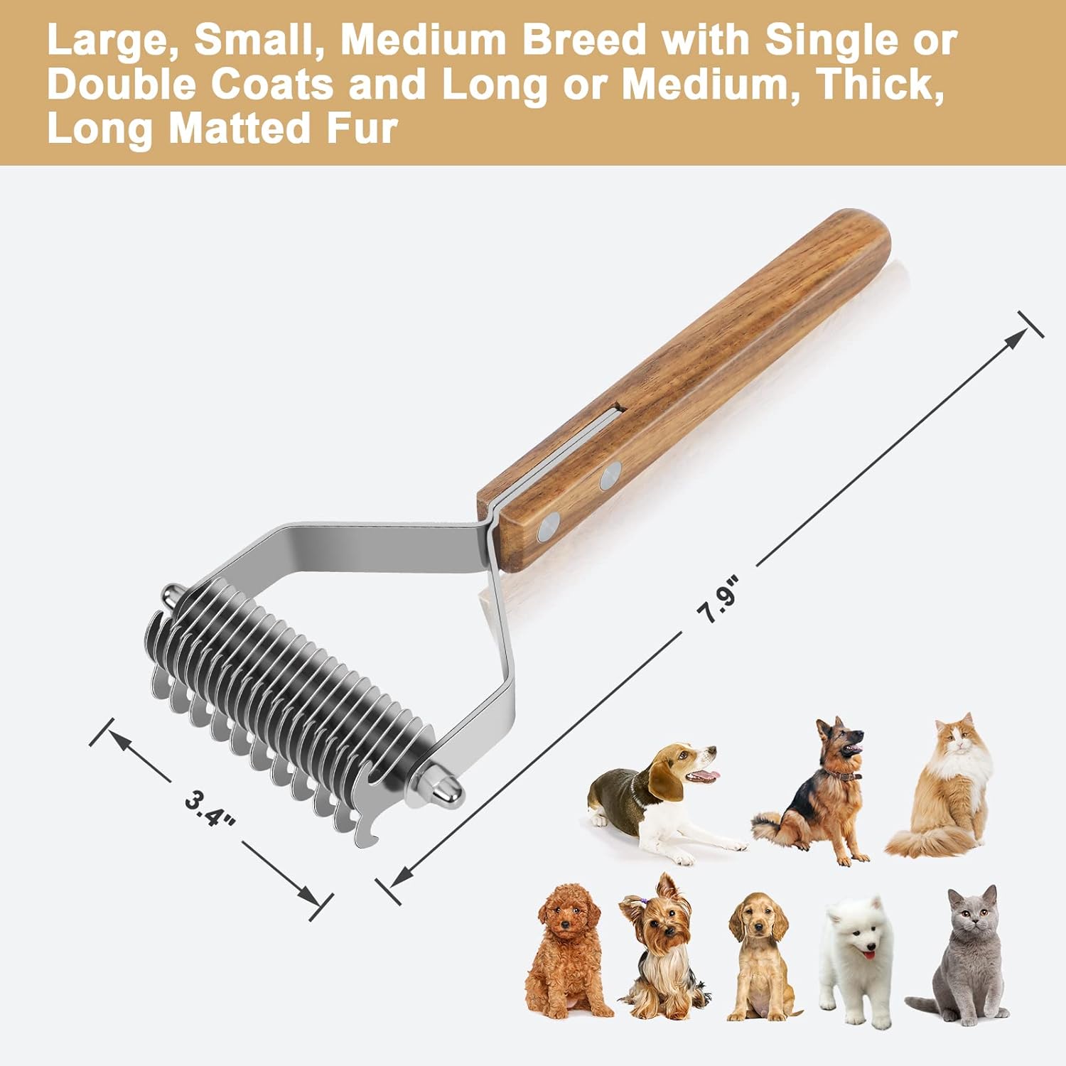 Undercoat Grooming Rake for Large Dogs and Cats, 2 Sided Pet Dematting Comb and Deshedding Brush for Shedding Short Hair, Pain Free Removing Tangled and Loose Fur, Stainless Steel with Wooden Handle : Pet Supplies