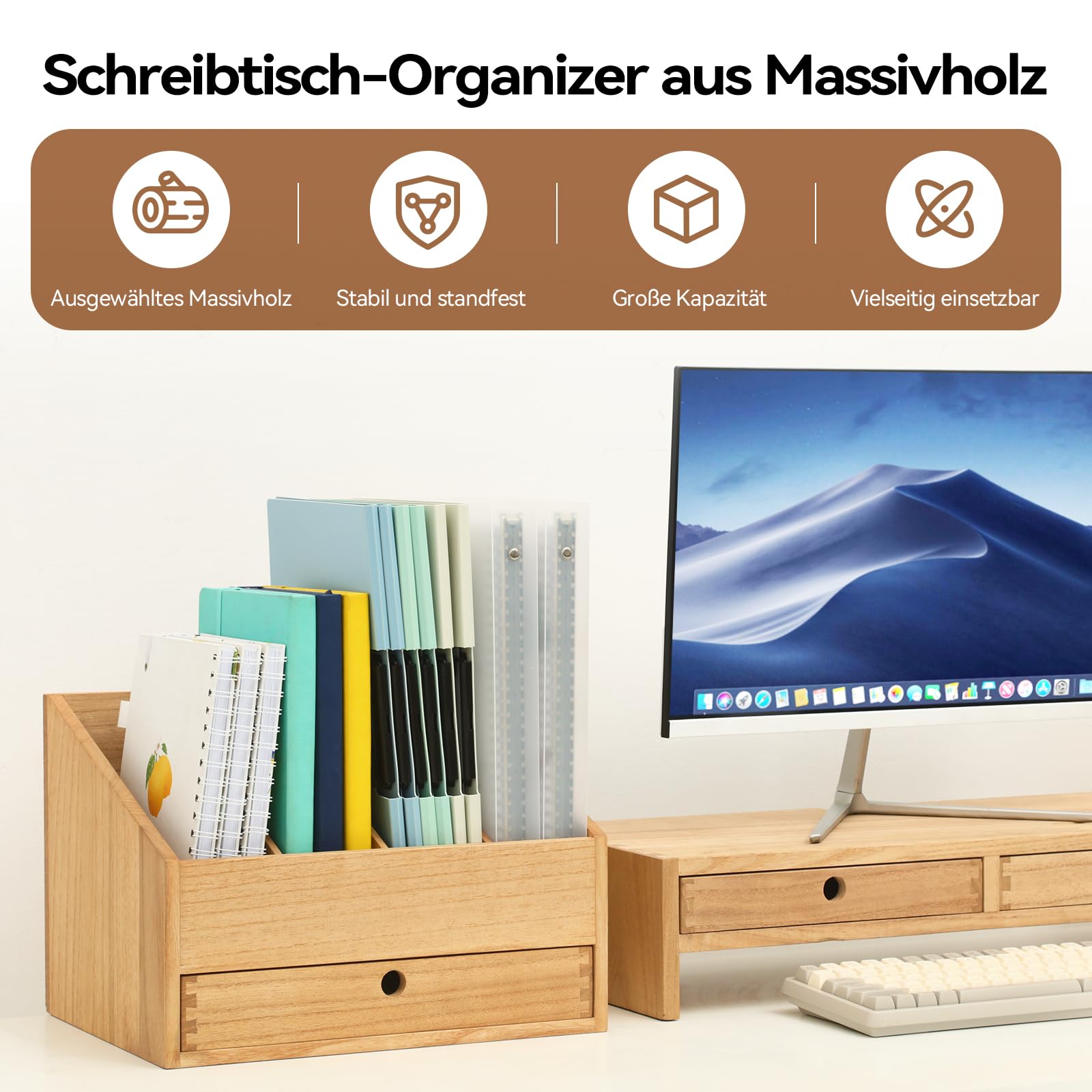 KIRIGEN Holz Schreibtisch-Organizer mit 4 Fächern und Schublade – Holz Briefablage Dokumentenhalter und Aktenhalter für Büro, Zuhause und Schule natürliche Farbe