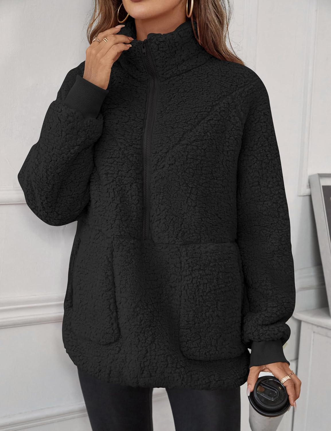 Rapbin Women Half Zip Pullover Long Sleeve Casual Fuzzy Sherpa Fleece Jacket Sweatshirts Winter Outerwear Top with Pockets - Image 2