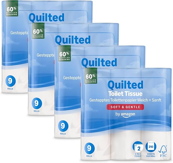 by Amazon Papier Toilette Doux, 2 Épaisseurs, 36 rouleaux (4 paquets de 9), 210 feuilles par rouleau, certifié FSC - 1
