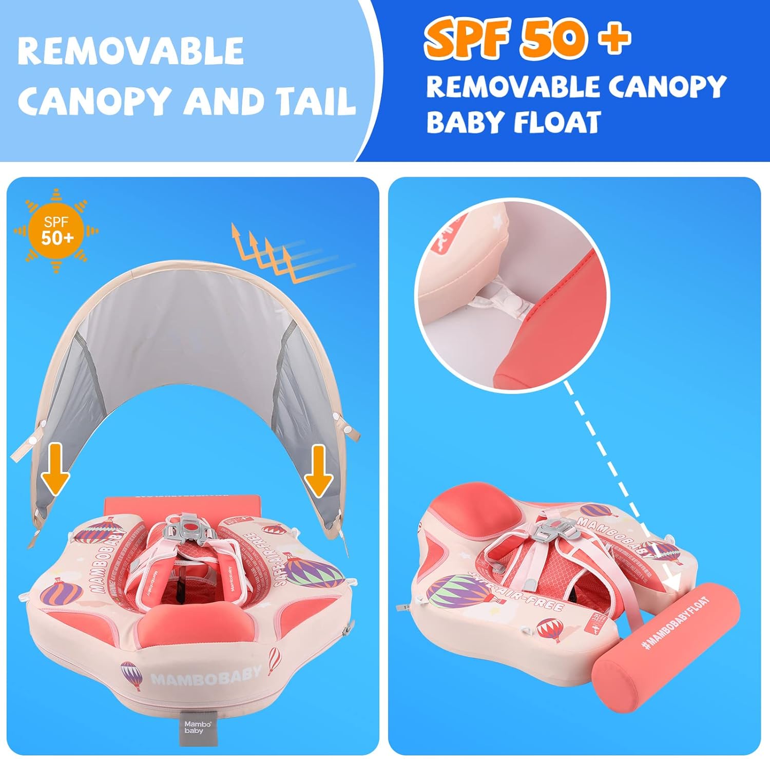 GENTEACO Mambobaby Baby Swim Float with Canopy Non-Inflatable Infant Pool Float with Tail 3-24 Months Avoid Flip Solid Skin-Friendly Material for Toddler Boys Girls