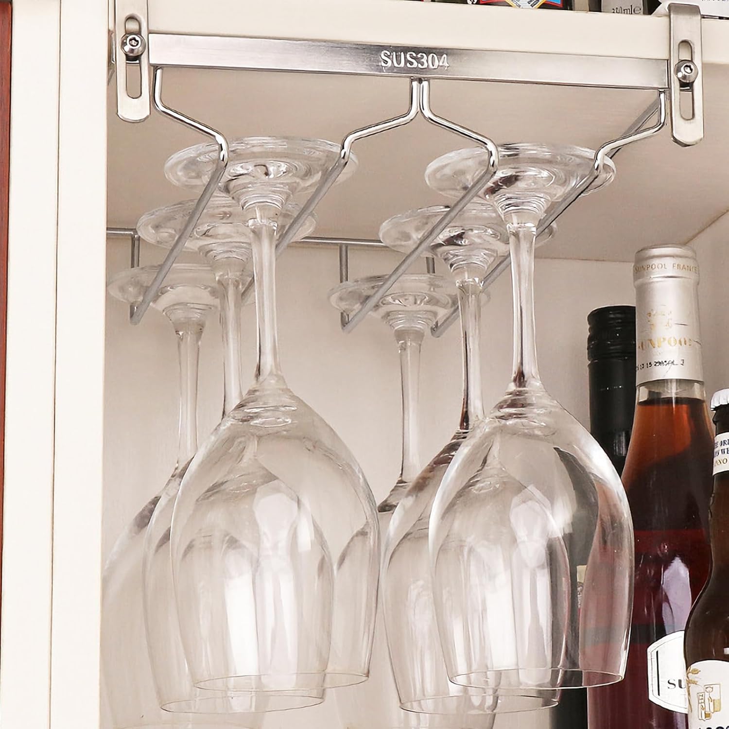 Garneck 304 Stainless Steel Double Row Wine Glass Rack Stemware Holder under Cabinet Storage Organizer for Kitchen Bar Glasses Hanging Hanger