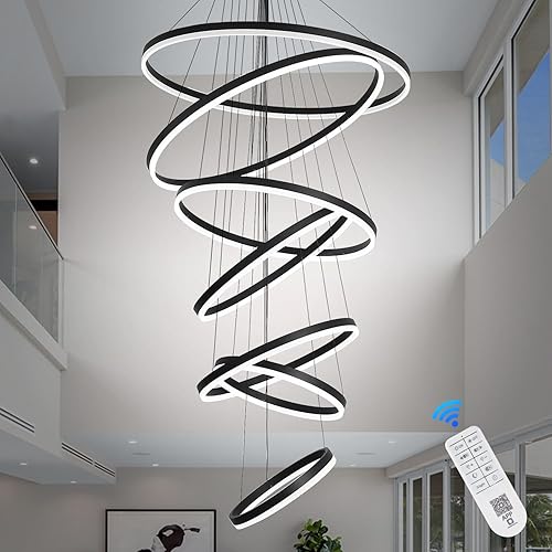 XGZL · LIGHTING 7-Rings D31.5’’ Modern LED Chandelier Black Large Contemporary for Staircase, Dimmable Flush Mount High Ceiling Chandeliers with Remote Control for Villa Foyer Living Room(3000K-6500K)
