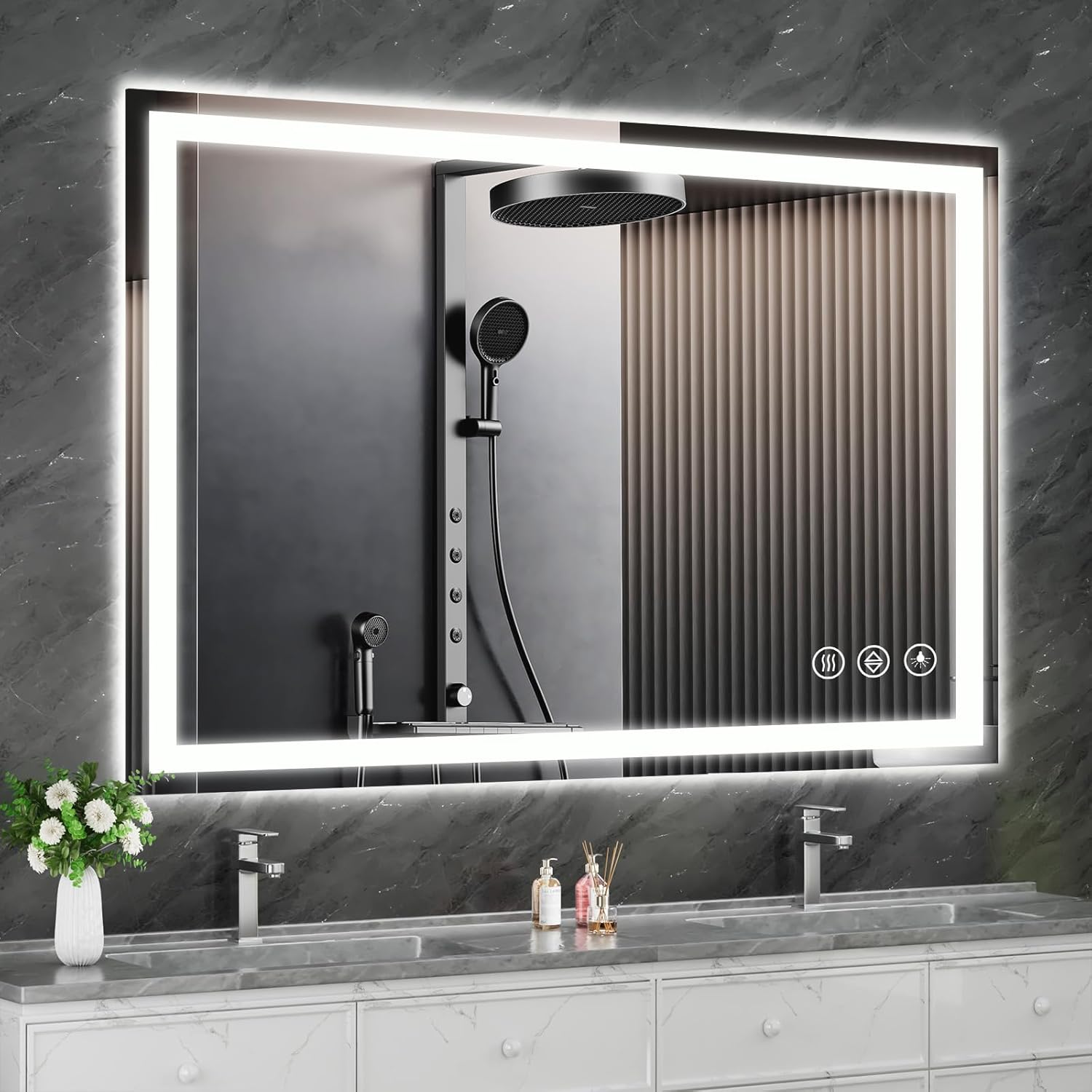 Koonmi Espejo LED de 55 x 30 pulgadas para baño, espejo de tocador antivaho 90CRI con luz delantera y trasera, espejo de pared a prueba de roturas