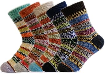 Wool Socks 5 Pairs, Vintage Thick Winter Thermal Crew Socks for Us Women Men Size 6-10, Soft and Breathable Cold Weather, Ideal As Christmas Gifts