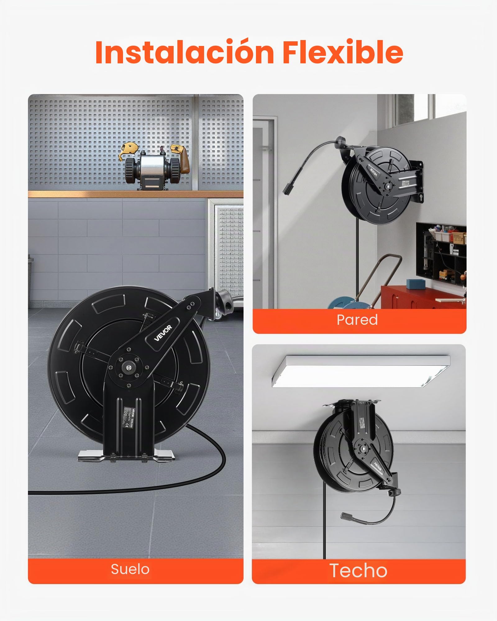 VEVOR Carrete de Manguera para Hidrolavadora 15,2 m x 9,5 mm, Retráctil de Acero, para Pared y Suelo, 275,8 bar de Presión, Rebobinado Automático para Lavado de Coches, Suelos y Jardines, Negro