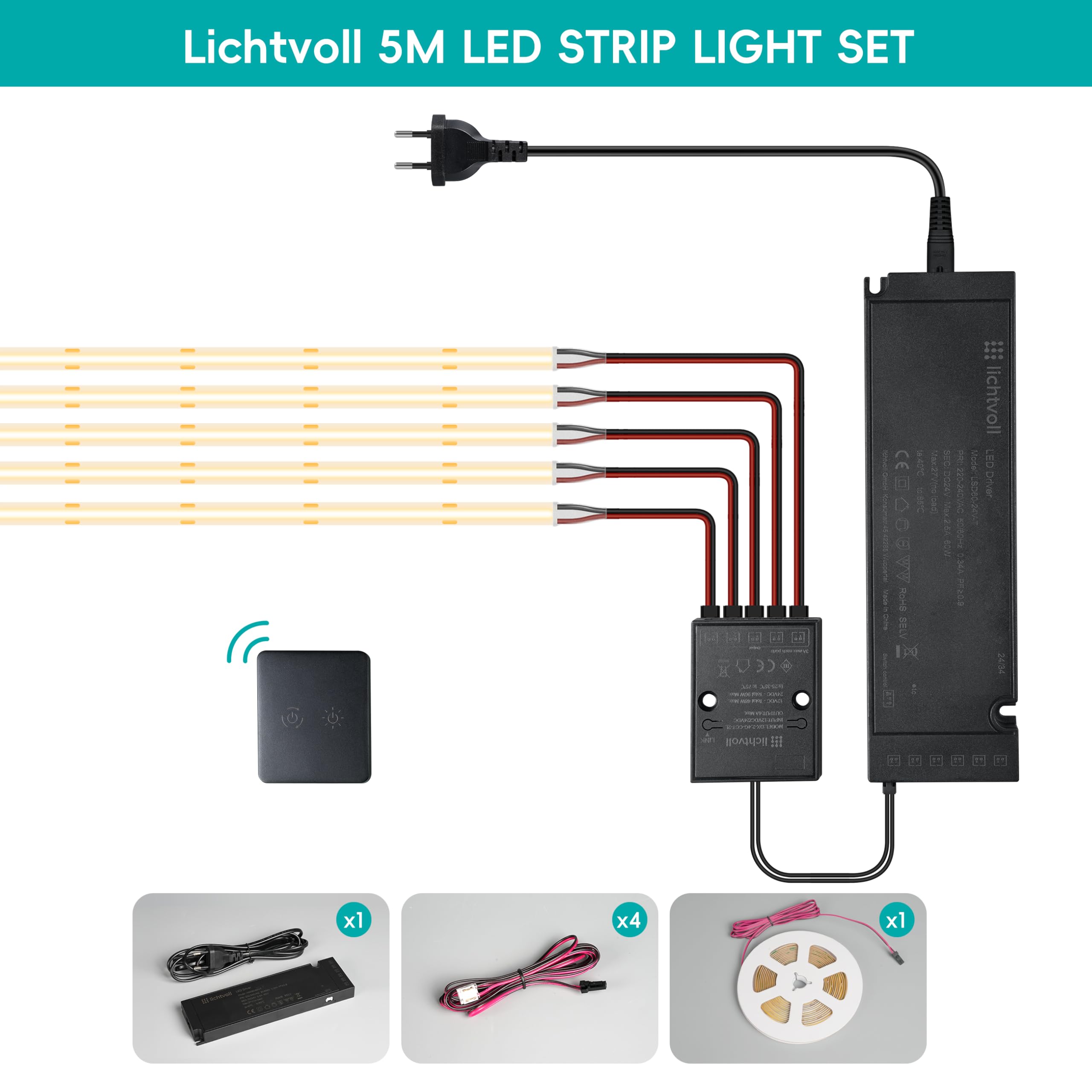 24V COB LED Streifen 5M– 480 LEDs/m, flimmerfrei ultrahell, Farbtemperatur 2700K–6500K dimmbar, mit Touch-Schalter 2.4G Controller und 60W Netzteil für Küche, Schränke