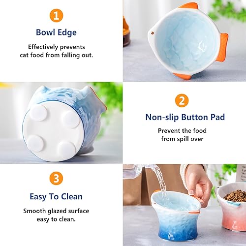 Miniatura 4 de Tioncy 2 cuencos elevados para gatos de cerámica en ángulo poco profundo, con forma de pez, plato inclinado para comida para gatos, antivómitos,