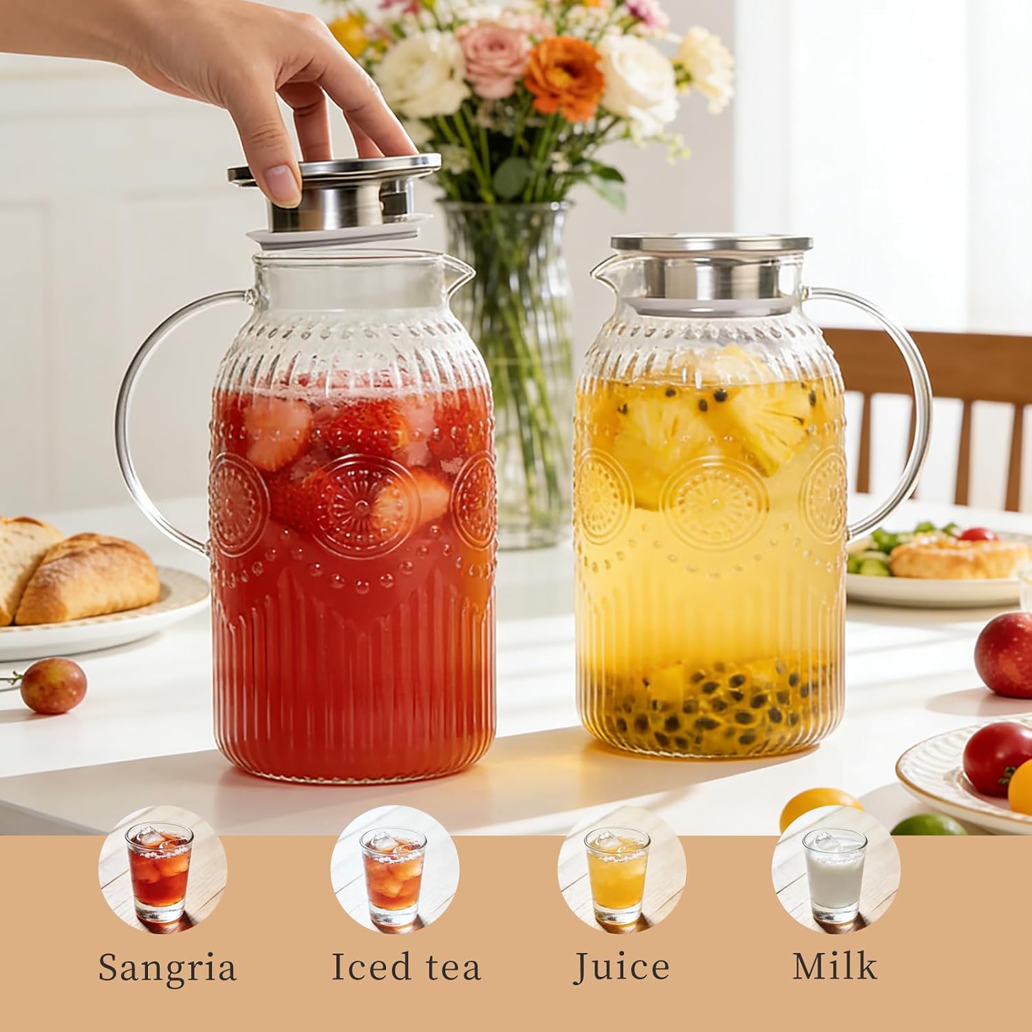 1Pack Vintage Glass Pitcher with Lid 50 oz (1.5 Liter) Heat Resistant Borosilicate Water Jug Carafe with Handle and Spout for Hot/Cold Coffee Tea Juice Lemonade –Ideal for Fridge Party Home Restaurant