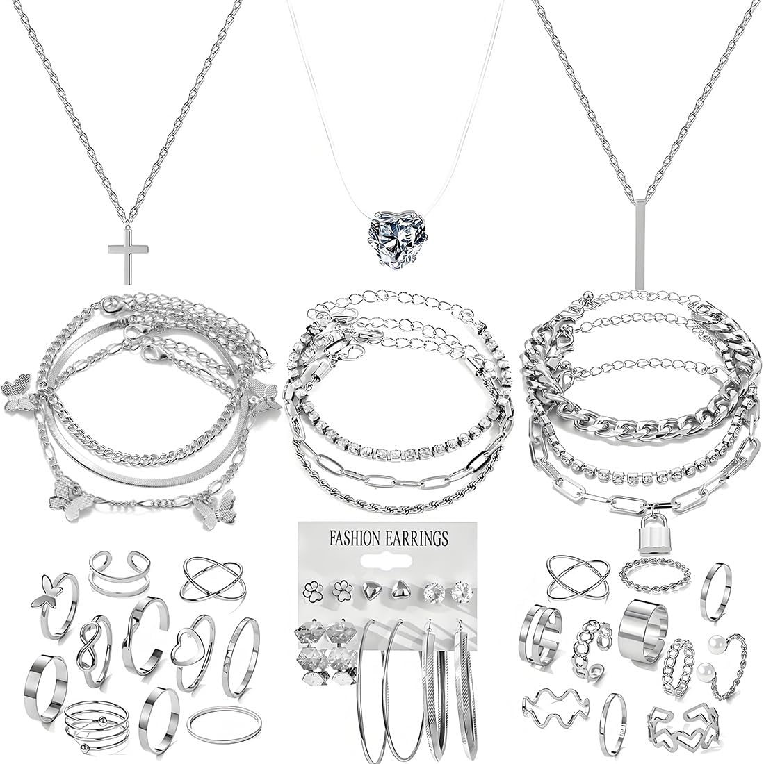Silvery Plated Jewelry Sets for Women Fashion Costume Jewelry Necklace Bracelet Rings Earrings Set for Women Valentine's Day, Christmas, anniversaries, birthday parties