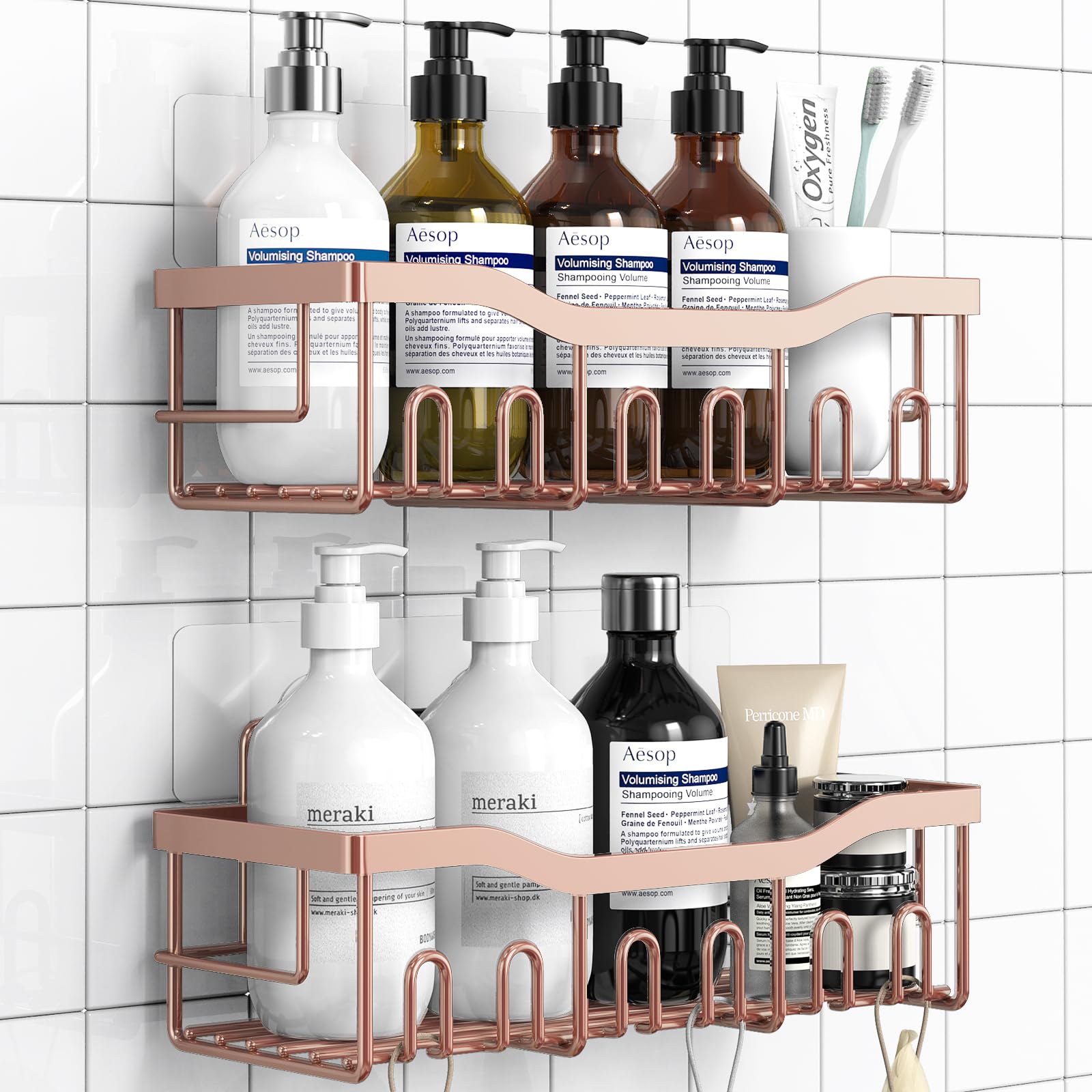 Paquete de 2 organizadores de ducha adhesivos para almacenamiento de baño, decoración del hogar y organizadores de cocina, sin taladrar, organizador de estante de baño de acero inoxidable a prueba de