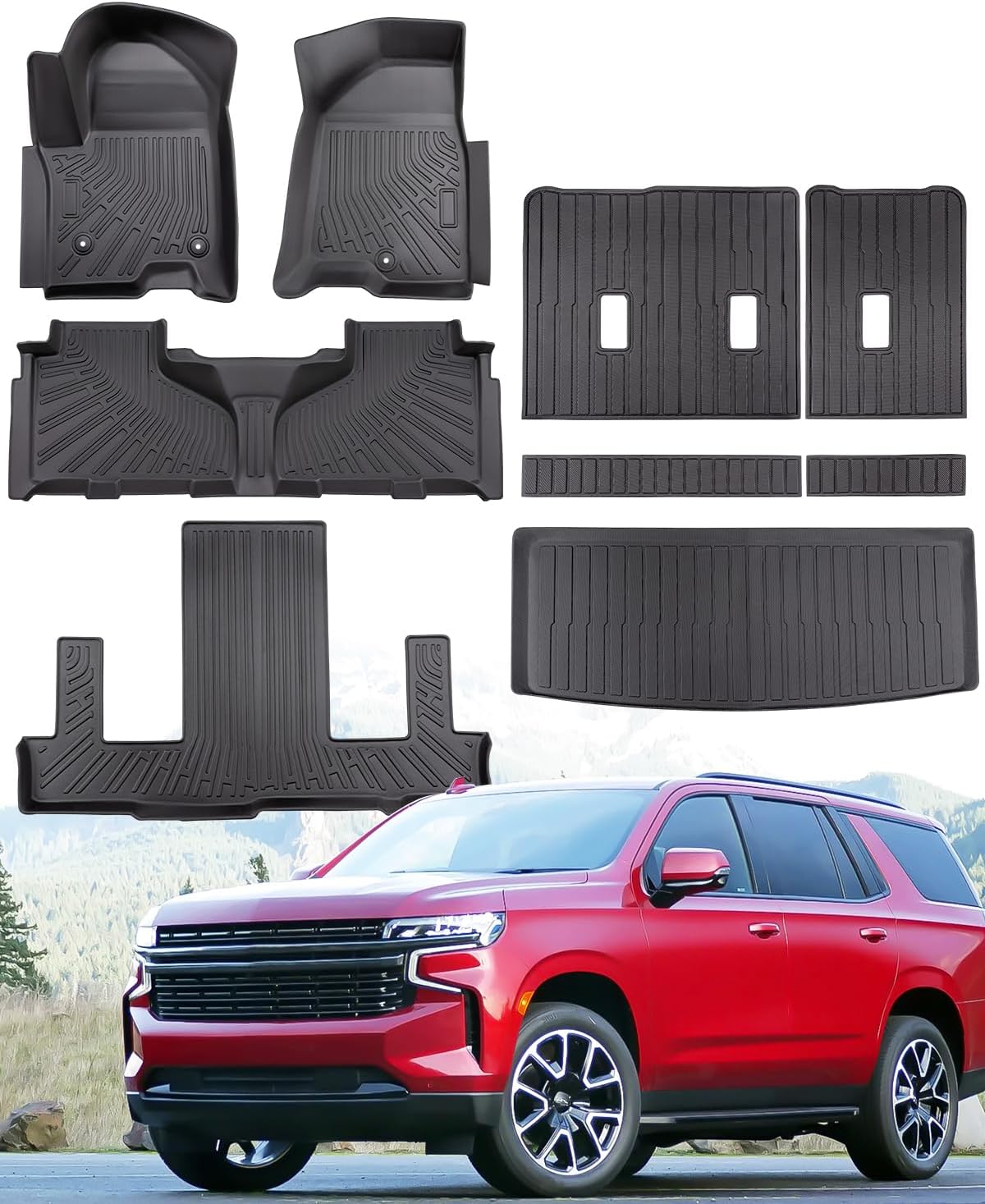 DrCarNow for Chevy Tahoe/for GMC Yukon 7 Seater Floor Mats 2024 2023-2021,Fit All-Weather Floor Mats & Cargo Liner Heavy Duty TPE for Chevrolet Tahoe Accessories Only Fit for 2-Row Captain's Chairs