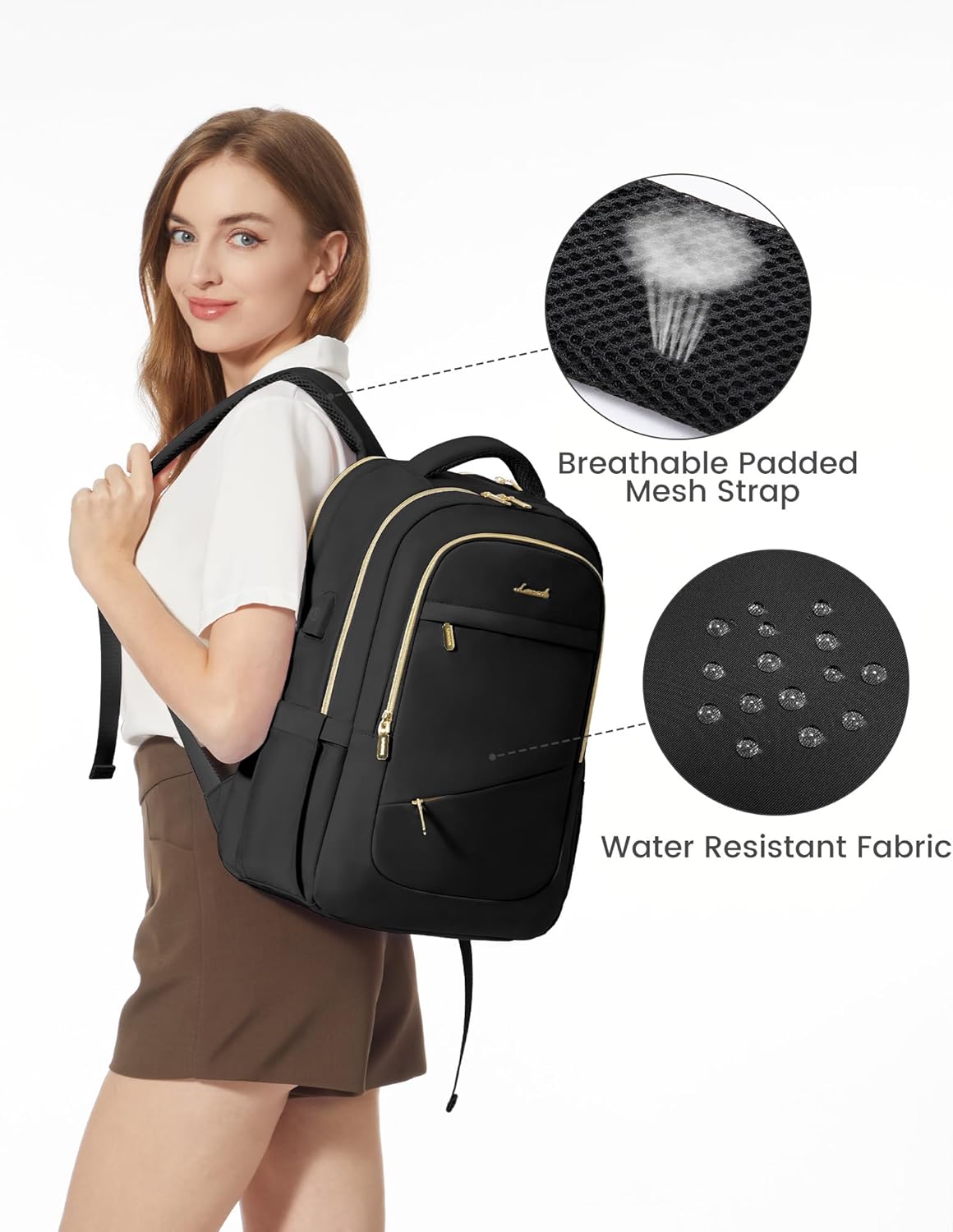 LOVEVOOK Laptop Backpack for Women, Black Business Travel Backpacks with USB Port, Water Resistant Work Teacher Computer Bag, Stylish Daypack, Fits 15.6" Laptop - Image 2