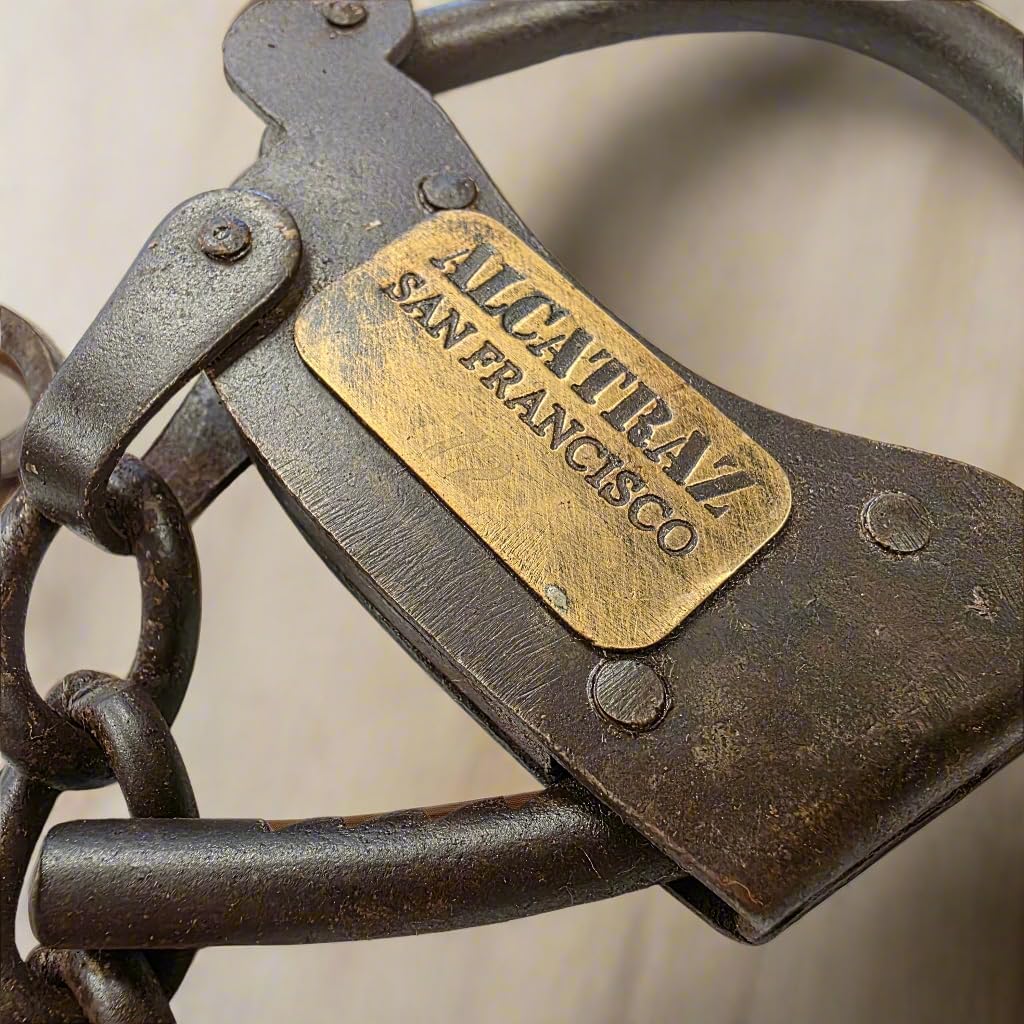 Alcatraz Prison San Francisco Iron Adjustable Handcuffs with Chain Serial Tag and Antique Finish (23" Long)