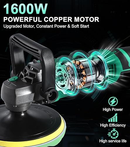 Miniatura 2 de Pulidora de búfer, kit de pulidores y pulidores de automóvil de cobre puro de 1600 W, 7 velocidades variables de 1000 a 3500 RPM, pulidores y