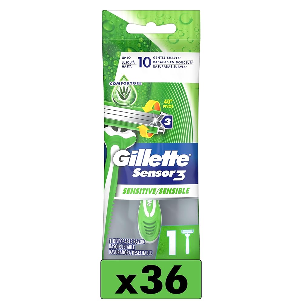 Gillette Sensor3 Sensitive Men\'s Disposable Razor, 1 Razor - Case of 36