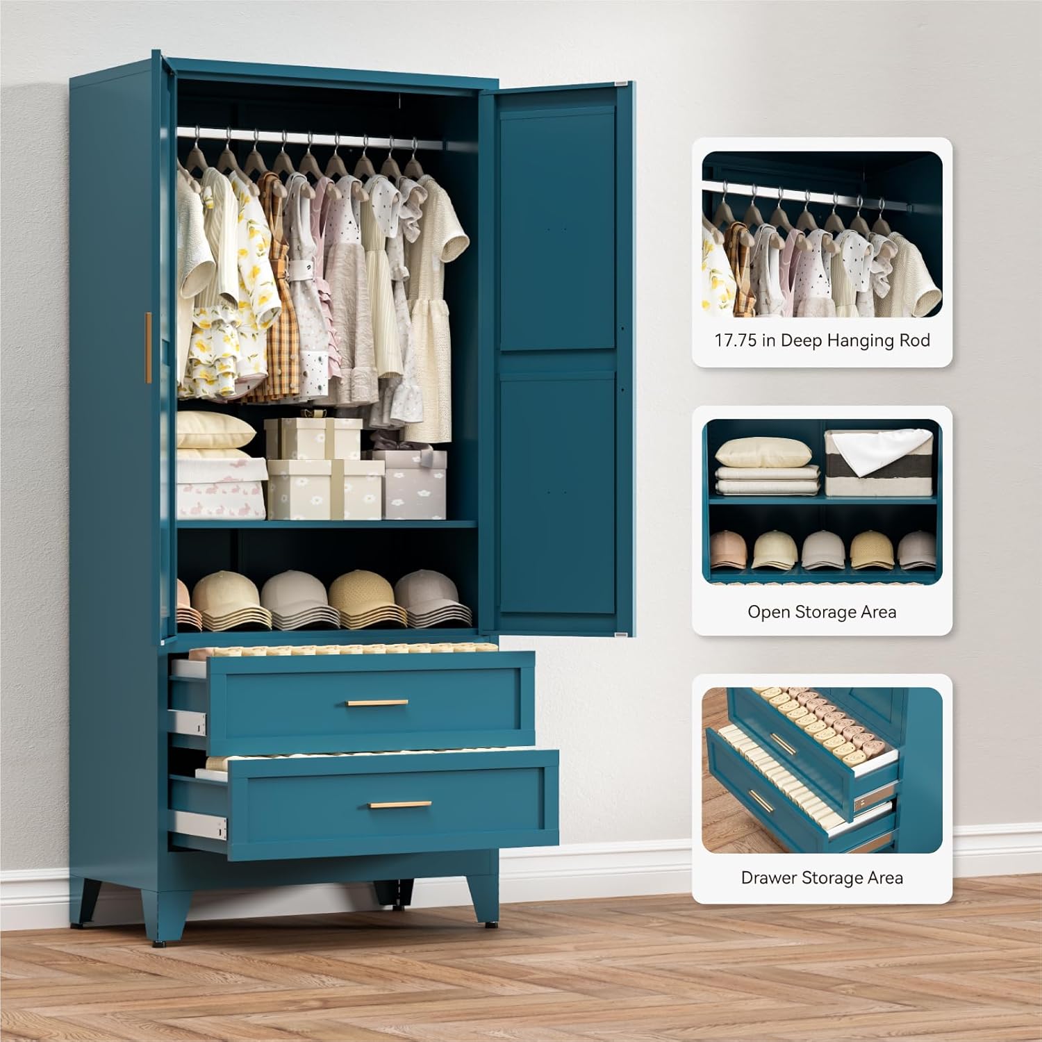 Деталдаштырылган view of hanging rod, open storage area, and drawer storage area