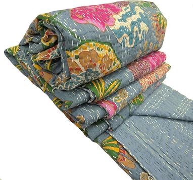 Indian Cotton Blend Grey Kantha Quilt Bedspread Handcrafted Reversible Bedshe...