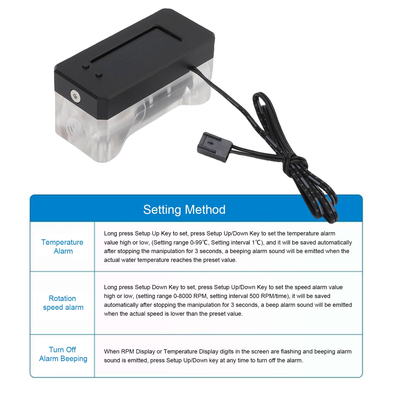LICAEVEY Aluminiumlegierung und Acryl -Digitalflussmesser Alarm mit Temperaturüberwachung, Hohe und Niedrige Drehzahlwarnungen für PC -Wasserkühlsysteme (12 Bis 24 V)