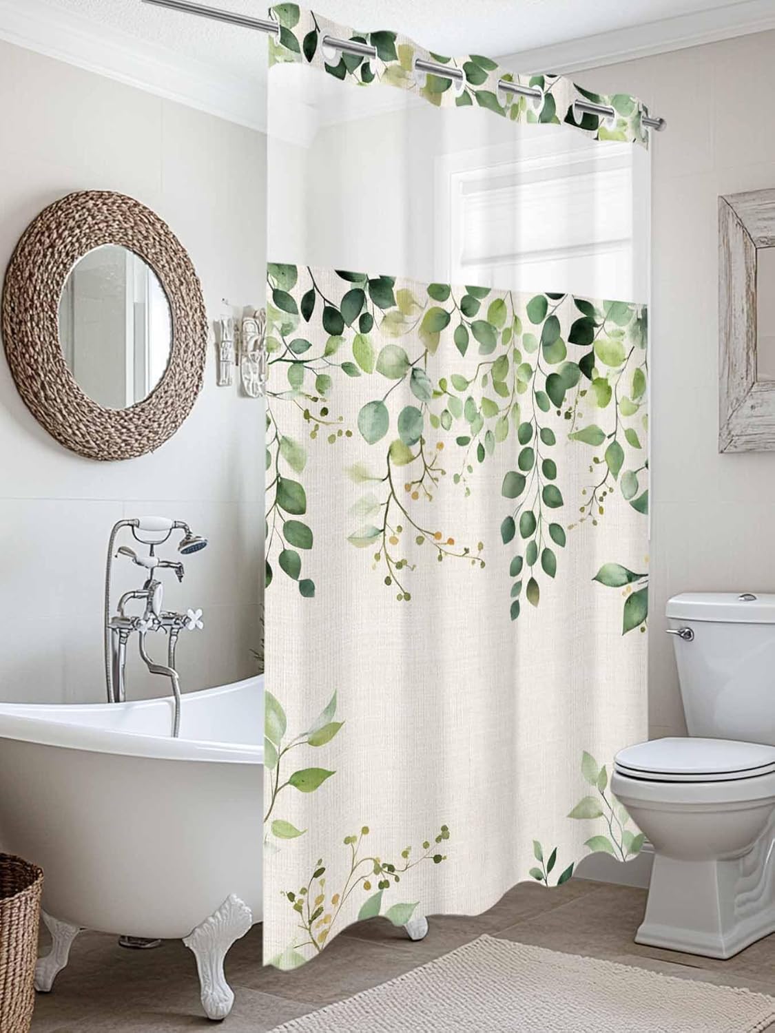 No Hooks Shower Curtain with Snap in Fabric Liner Set,Sage Green Eucalyptus Leaf on Retro Linen Shower Curtains Waterproof & Washable Bathroom Curtain with See Through Top Window,Hotel Style,66x72in