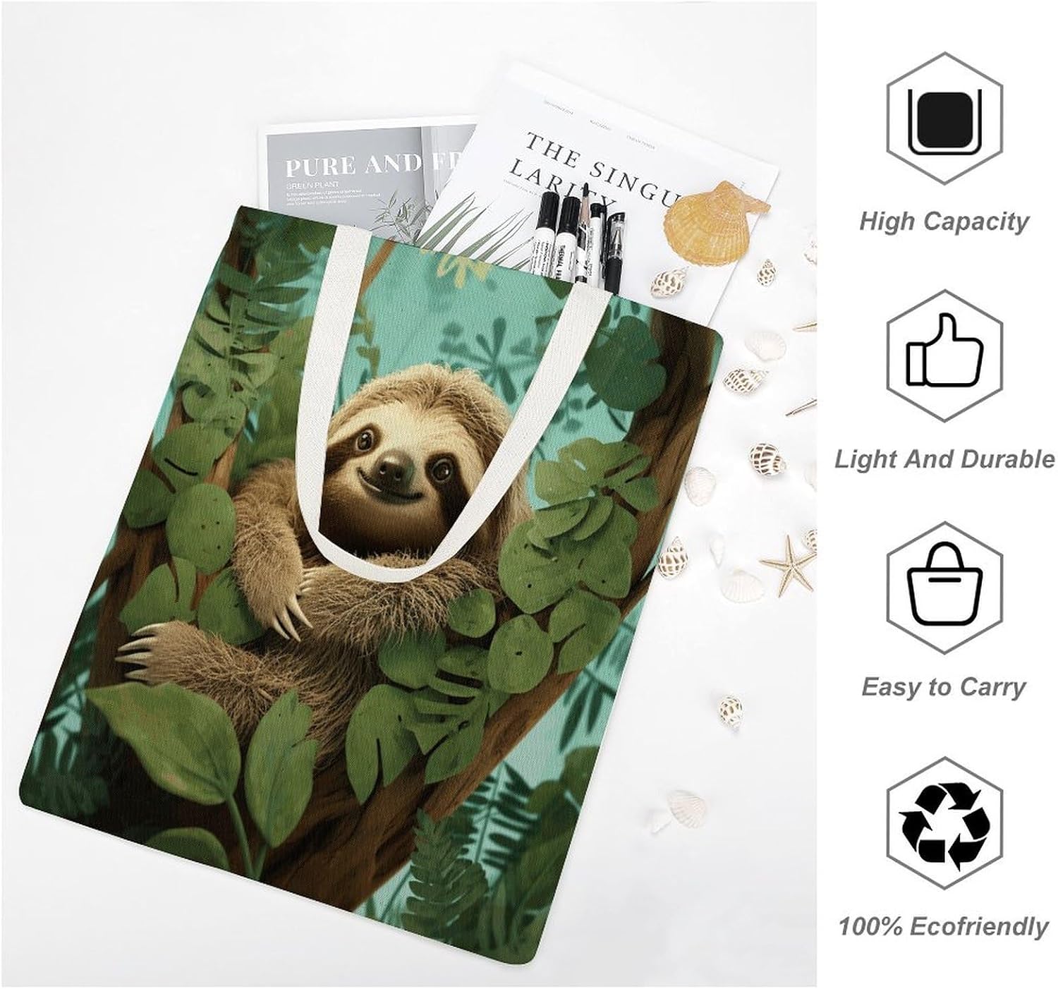 Hug Tree Sloth Canvas Tote Bag Reusable Grocery Bags Foldable Soft Cotton Shoulder Carry Bag