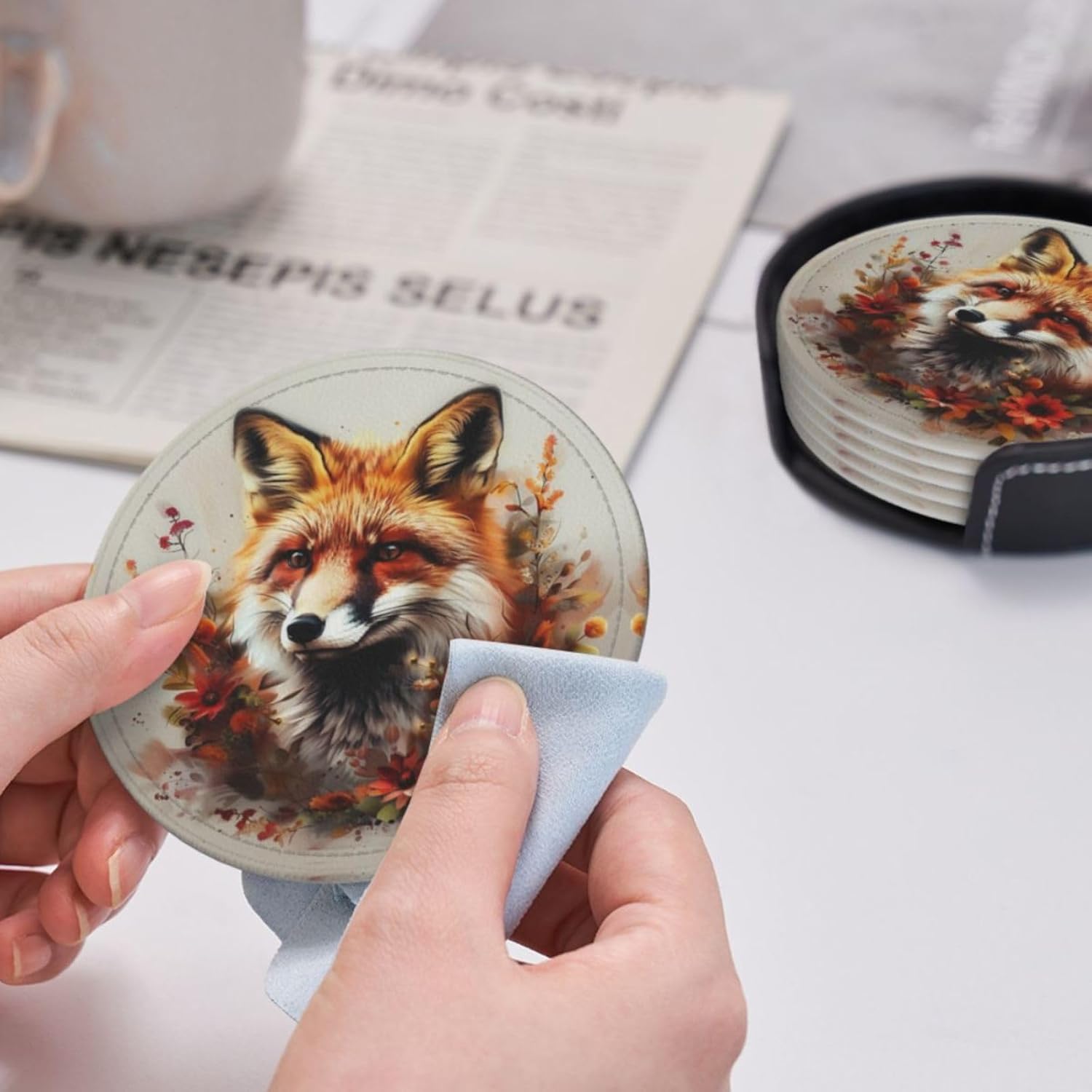 6 Pcs A Beautiful Fox with Flowers Leather Coasters for Drinks with Holder Round Mug Mat Table Desk Coasters Set Cup Coasters for Living Room Kitchen Coffee Decor