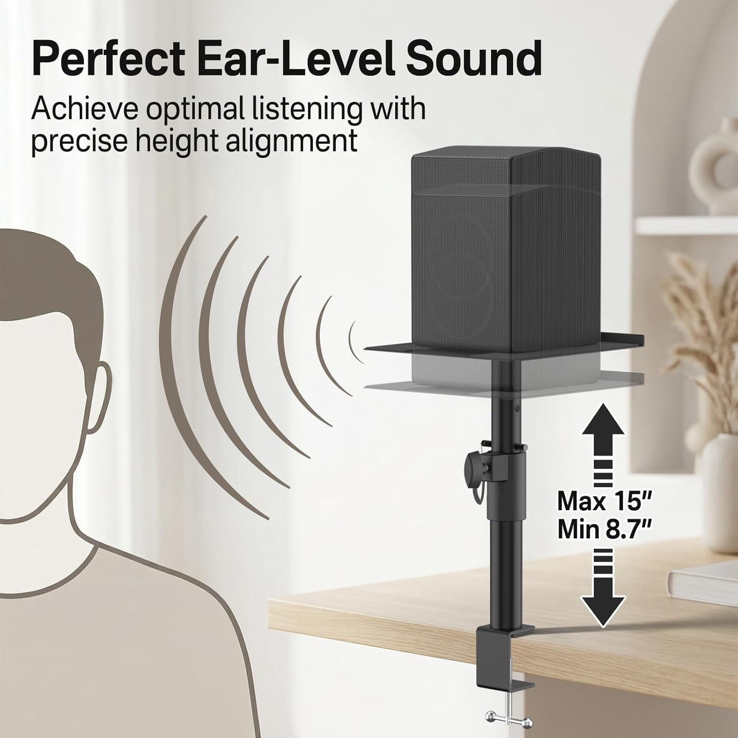 2 Pack Clamp-on Desk Speaker Stands, Height&Angle Adjustable Desktop Speaker Stands for Samsung Q990D/Q990F/Q990C/Q930C, Fit Edifier KRK Klipsch Polk Yamaha Built-in Cable Management with Headset Hook