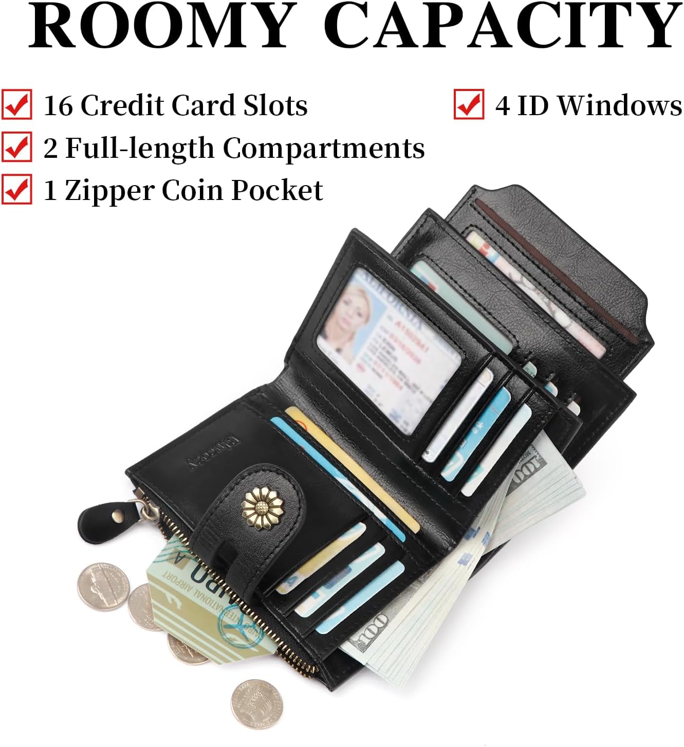Wallet Women,RFID Blocking Leather Womens Wallet Bifold Compact Card Holder Small Wallet for Women with Removable ID Window Black image 3