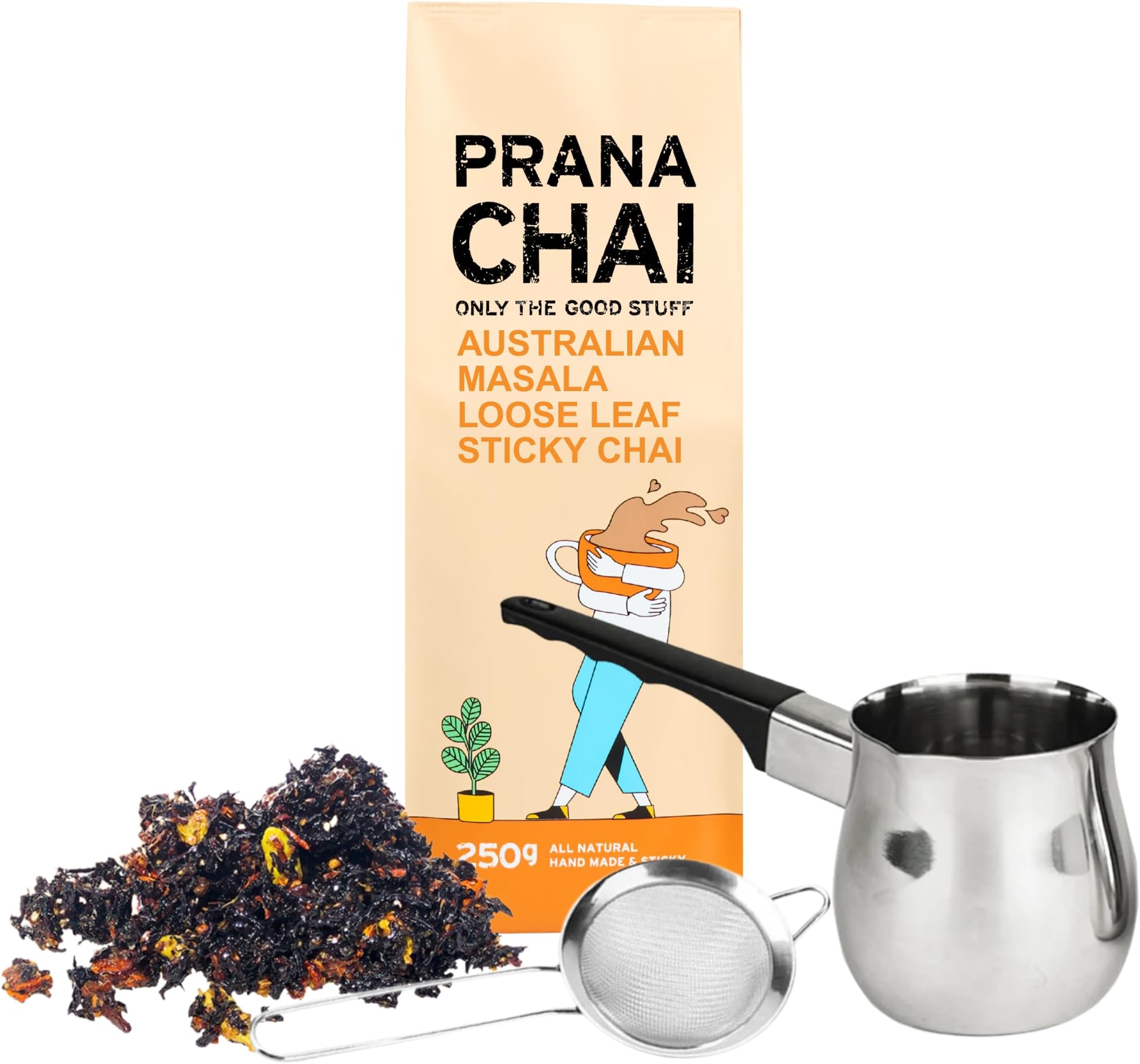 Prana Chai Lovers Starter Pack with Tea Pot, Fine Mesh Strainer & All-Natural Masala Blend - Hand-Blended With Honey for Homemade Chai Tea