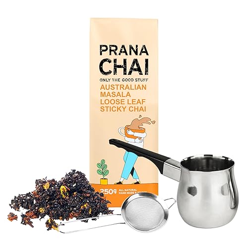 Prana Chai Lovers - Paquete de iniciación con tetera, colador de malla fina y mezcla masala totalmente natural, mezclado a mano con miel para té