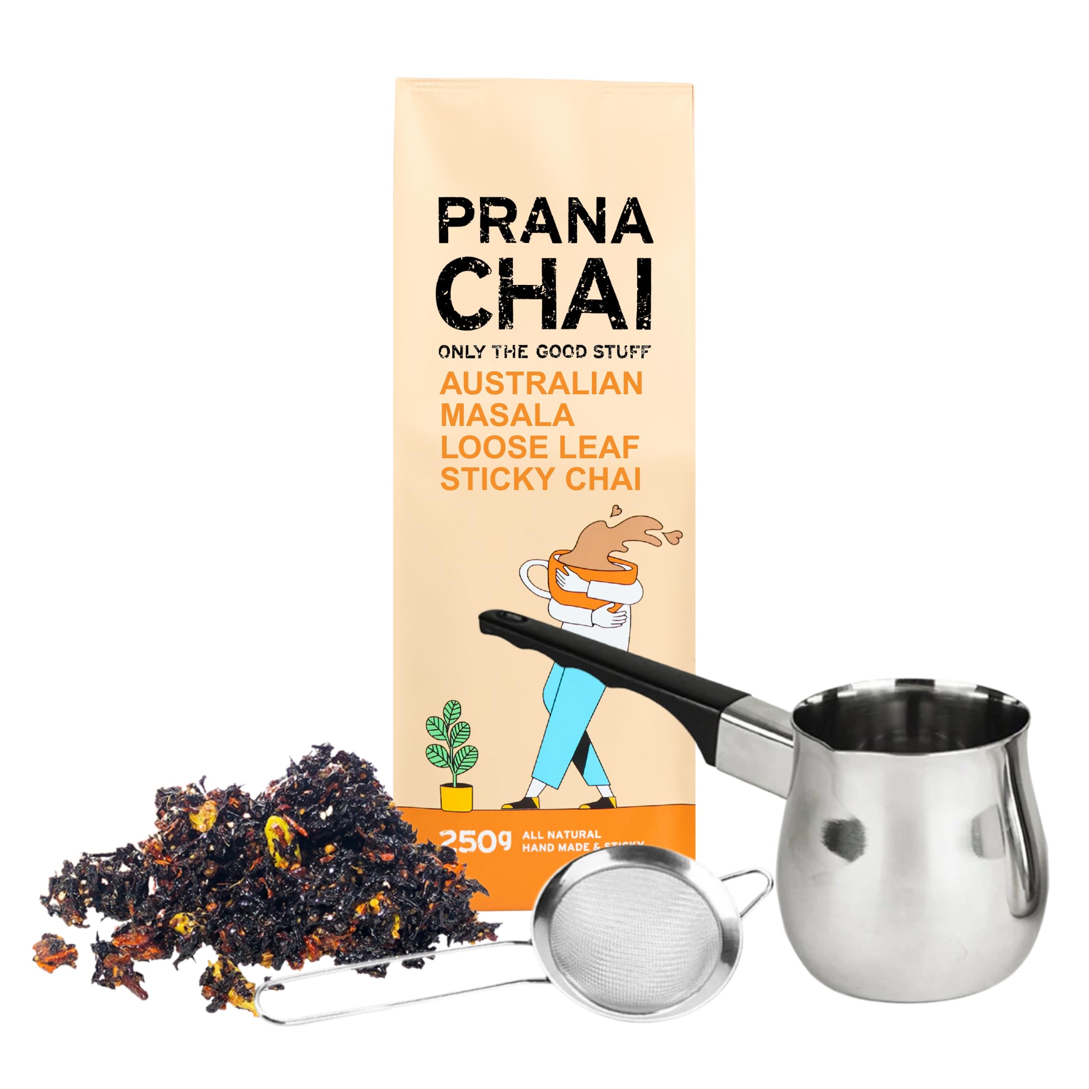 Prana Chai Lovers Starter Pack with Tea Pot, Fine Mesh Strainer & All-Natural Masala Blend - Hand-Blended With Honey for Homemade Chai Tea