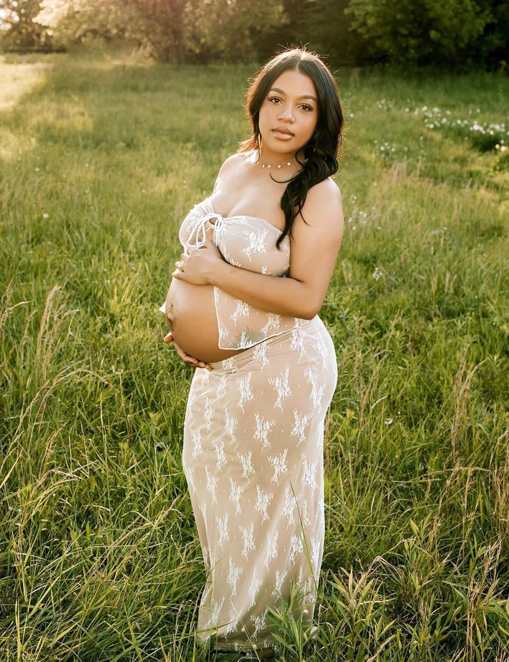 JustVH Women's Maternity 2 Piece Outfits Dress Lace Tube Top Hollow Out Skirt for Photoshoot Baby Shower