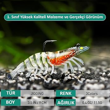 Valkyrie 3 Adet Silikon Karides Balık Yemi 9cm 11.5gr Gerçekçi Levrek Katili Yem LRF Spin