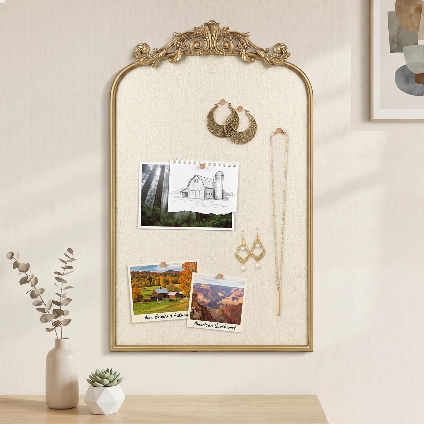 Pinnwand aus Leinen im Vintage-Stil mit kunstvollem Goldrahmen, Wandpinnwand, 48,3 x 78,7 cm