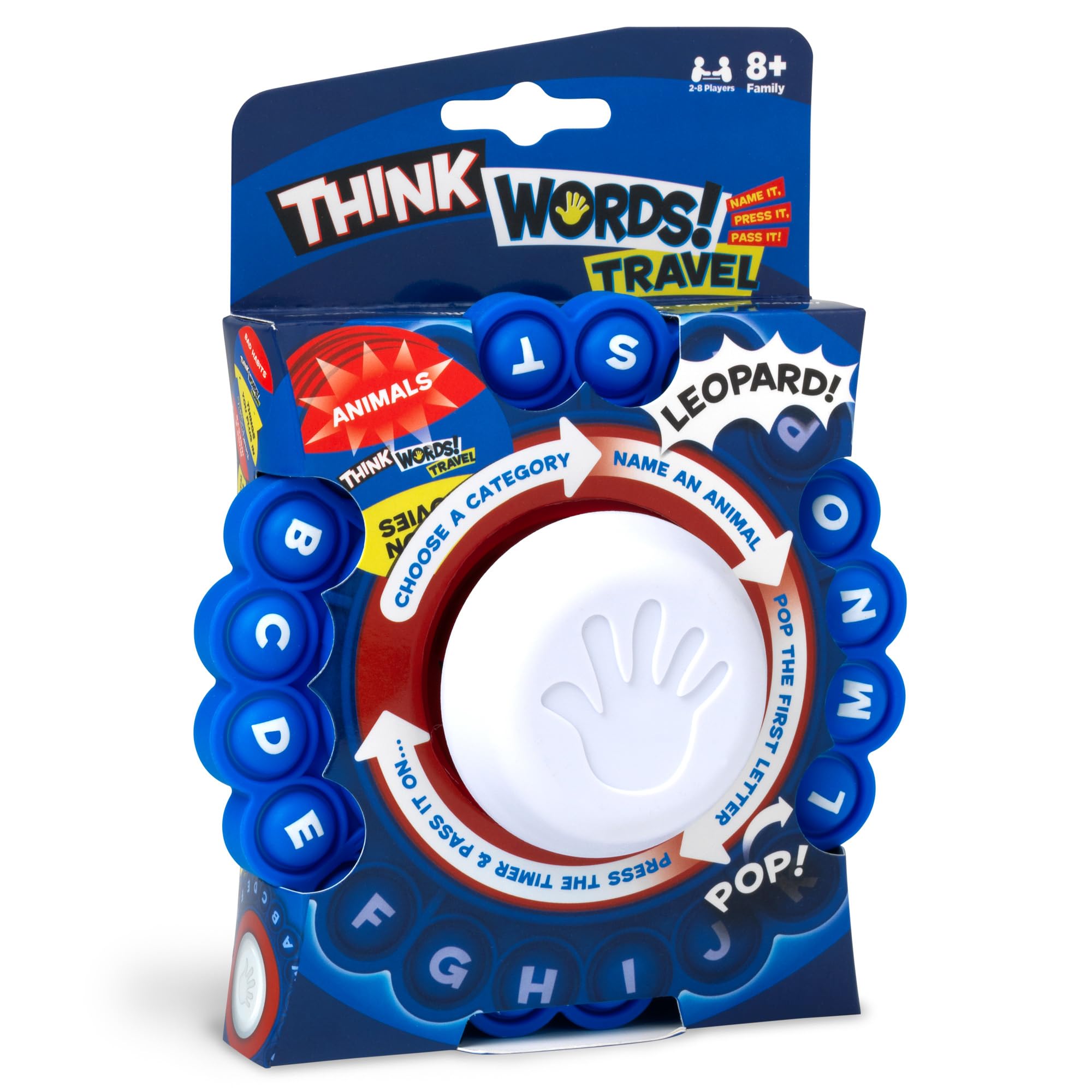 Think Words Travel Game: Choose a category, name an answer, pop the first letter, press the timer and pass it on!