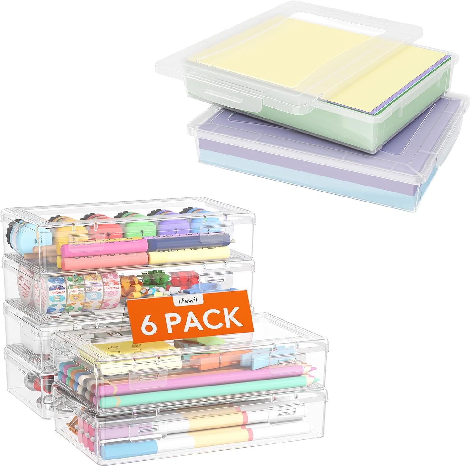 Lifewit Paquete de 2 cajas de almacenamiento multiusos de plástico con tapas de cierre, almacenamiento de papel transparente A4, organizador