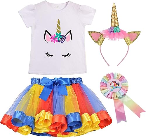 YULUOSHA Falda tutú de unicornio con capa arcoíris para niñas, diadema e insignia de unicornio para fiesta de cumpleaños, Arco iris