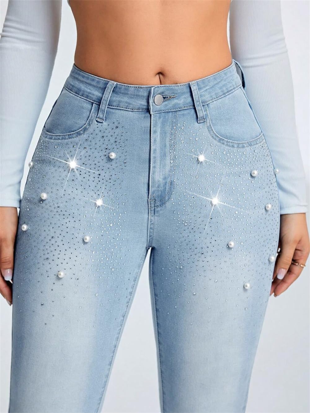Pearl Jeans for Women Rhinestone Low Rise Skinny Jeans Embellished Ankle Stretchy Denim Pants - Image 3