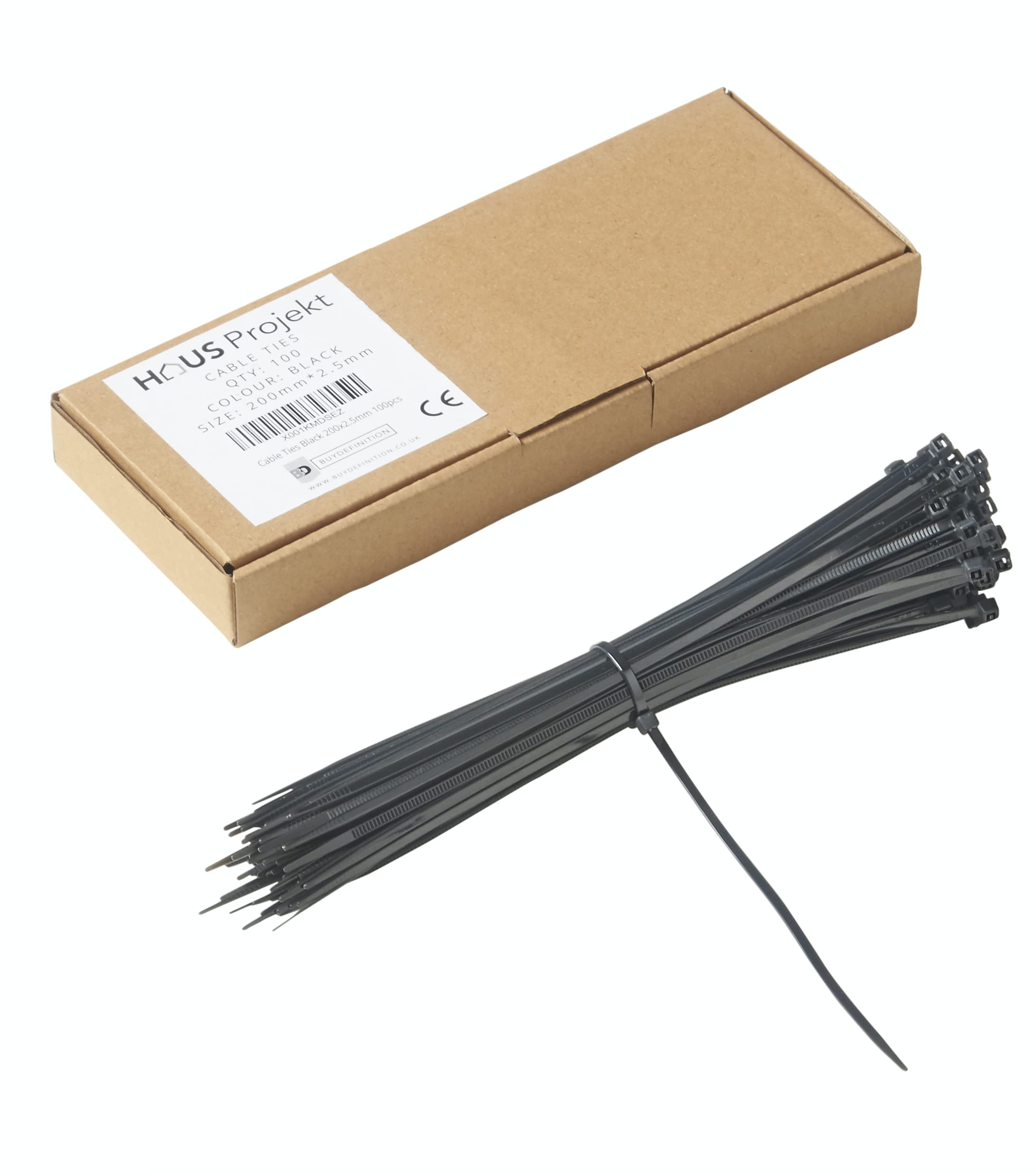 Haus Projekt Black 200x2.5mm Small Cable Ties, 100pcs Premium Industrial Multi-Purpose Plastic Small Zip Tie Wraps, Indoor and Outdoor Use, Cable Management Wires, Office, Zip Ties Black Plastic Ties