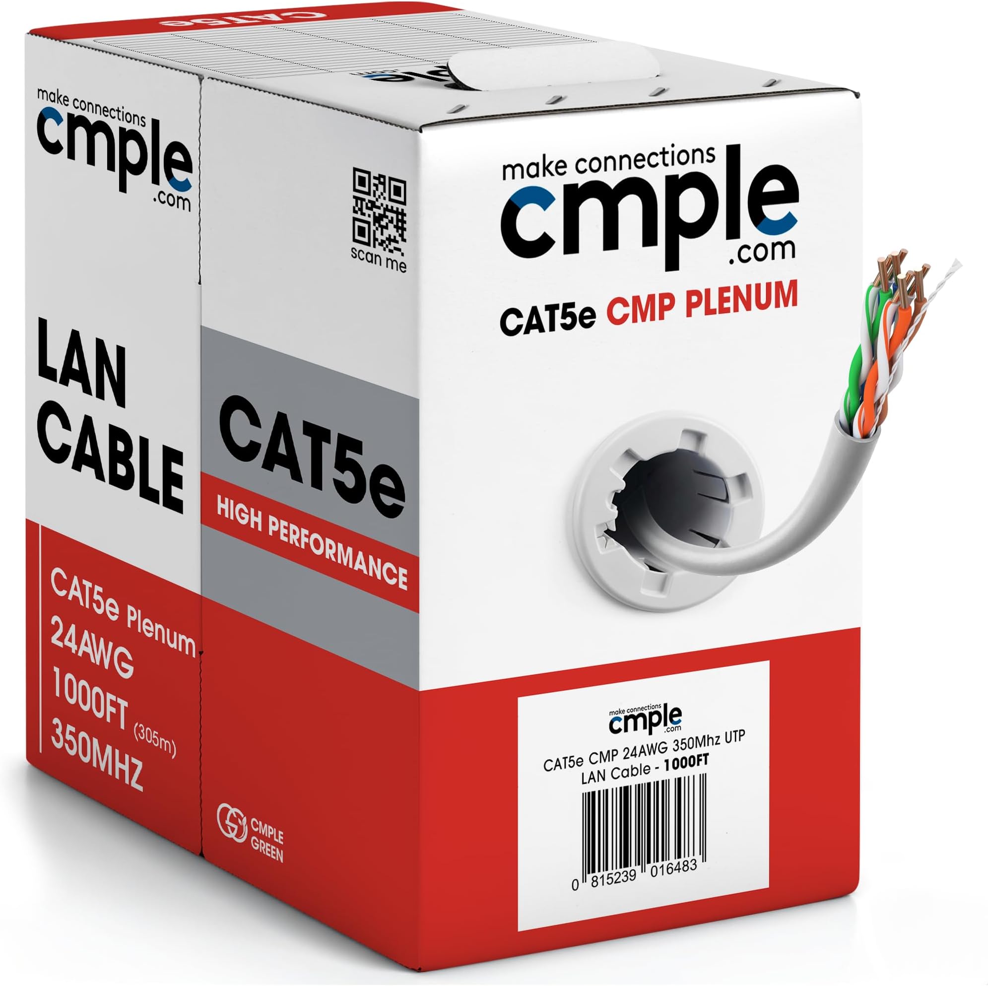 Cmple - Cat5e Plenum Cable 1000ft, CMP, White, 350MHz Gigabit Ethernet Solid Network Internet Bulk UTP